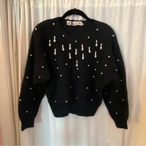 Vintage Rafaela Angora Black Sweater with Pearls & Scalloped Neck Line